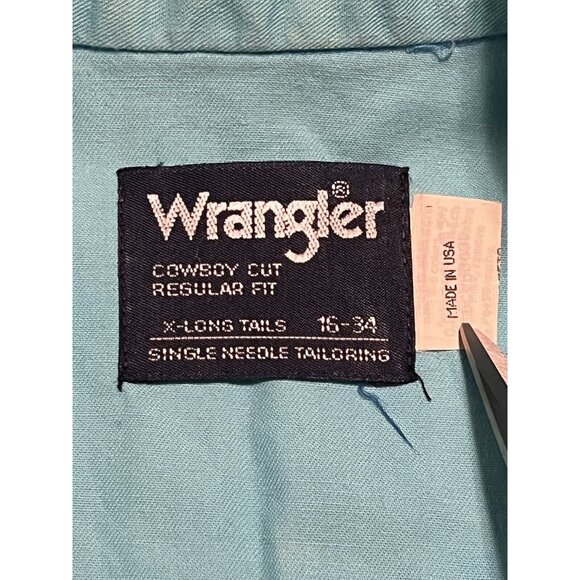 Mens 16 34 Wrangler Cowboy Cut X-Long Tails Vibrant Blue shirt VTG USA Western - Picture 5 of 13